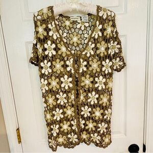 White Stag Floral Crochet Button Down Top in Olive Green and Cream